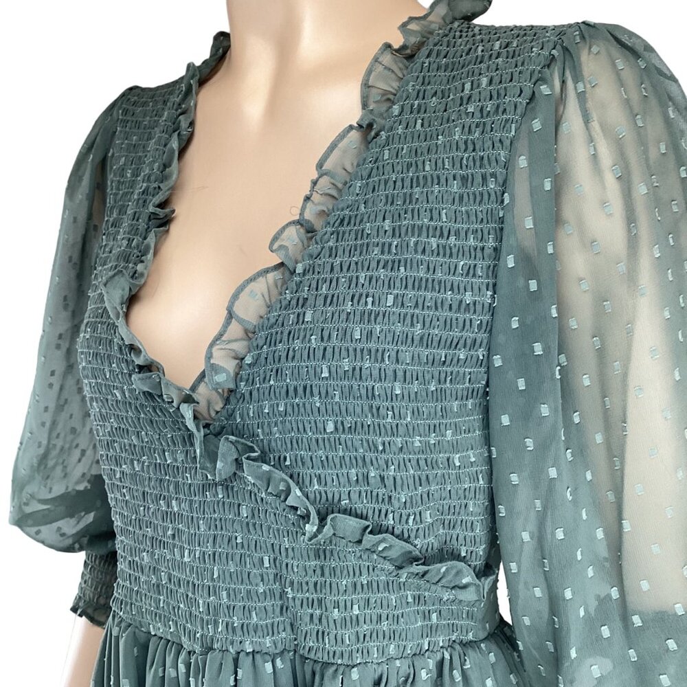 ASOS Design Green Smocked Midi Dress Size 6 Ruffle Trim & Puff Sleeves‎ - Picture 3 of 7